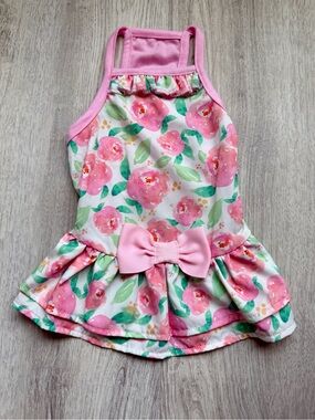 Pink Floral - Pet/Small Puppy Dog Ruffle Halter Dress with Bow - size XS
